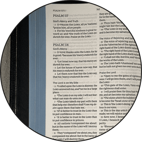 Bible open to Psalm 117 and 118 with a blue bookmark, on a wooden surface.