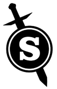 A sword and shield emblem with a central "S" symbol, representing protection and strength.